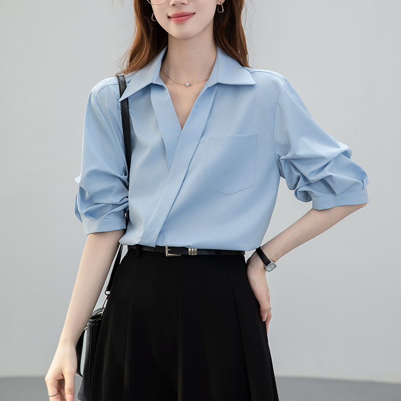 thumbnail for Design sense short sleeve blue shirt women's formal commuter top summer new teaching qualifications interview v-neck professional shirt