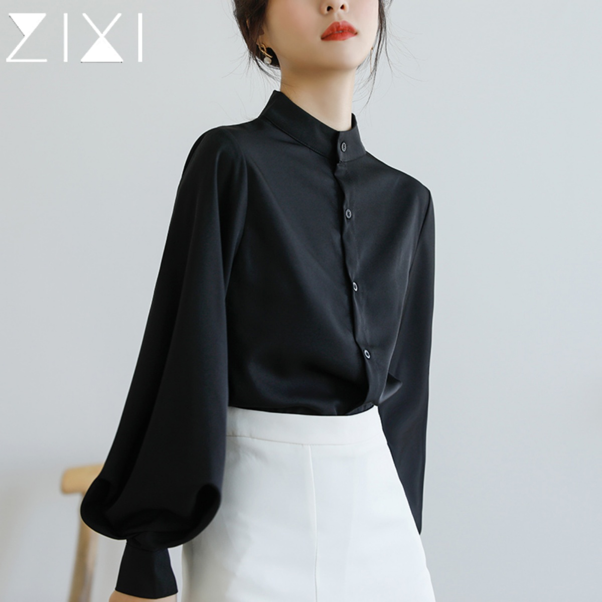 黑色衬衫女高级感2025早秋新款灯笼袖超好看立领搭马面裙衬衣上衣