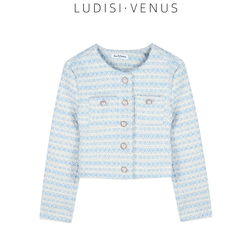 BRAND: SMALL FRAGRANCE JACKET WOMENS PEARL BUCKLE TWEED BLUE AND WHITE PLAID CROP TOP WOMEN