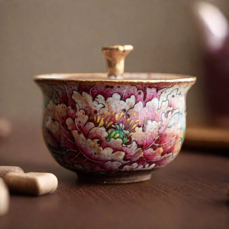 手绘柴烧二才盖碗复古风牡丹泡茶器茶碗功夫茶具粗陶志野茶器
