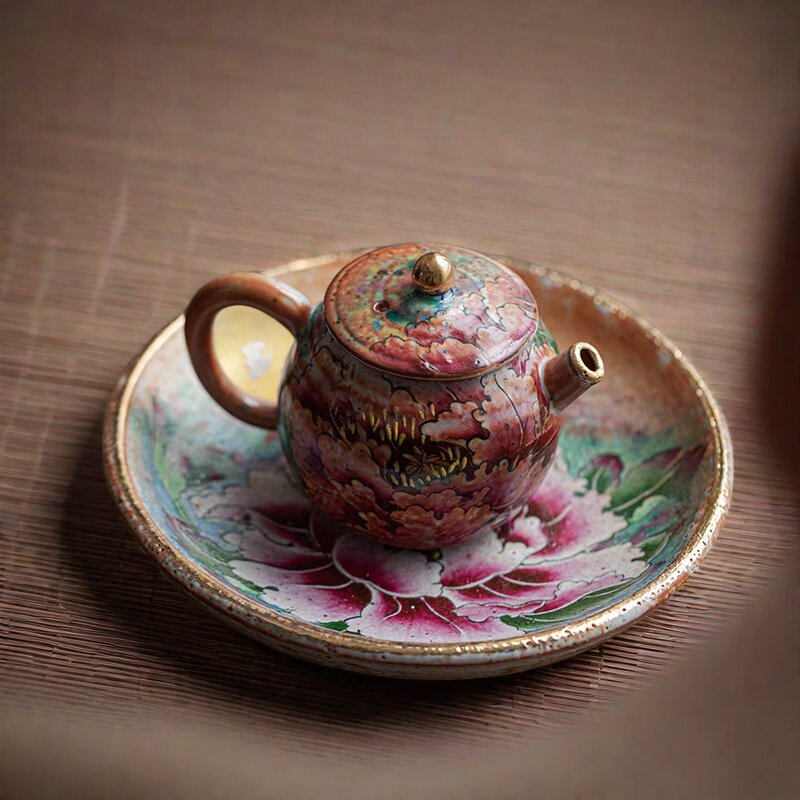 复古志野泡茶壶柴烧茶壶文旦壶手绘牡丹花侘寂功夫茶具泡茶器壶承