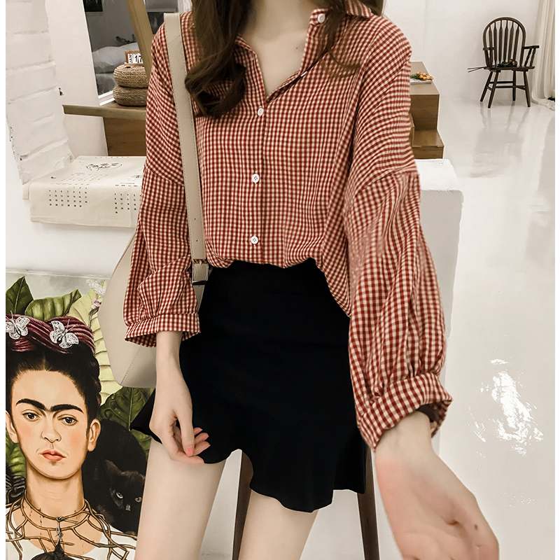 春秋新款大码女装胖妹妹mm棉麻格子衬衫女长袖上衣减龄显瘦打底衫