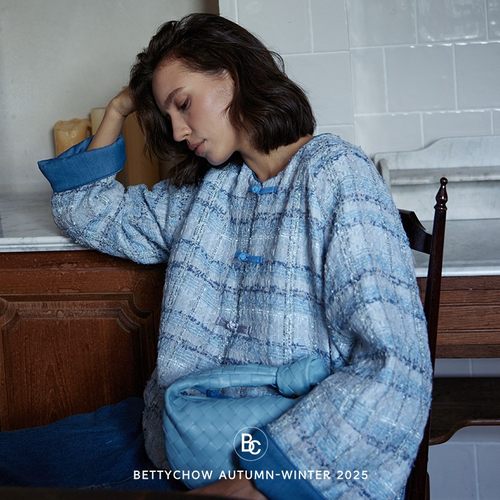 蓝色肌理雪花呢中式羊毛薄棉服