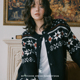 开衫 Bettychow 美利奴纯羊毛滑雪手工编织中长款 黑色植物花卉外套