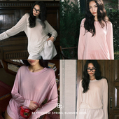 宽松打底衫 Bettychow 羊毛天丝长袖 粉色米灰色轻薄针织圆领T恤