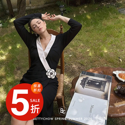 【惊喜特价】BettyChow vintage香小黑裙时髦褶皱连衣裙