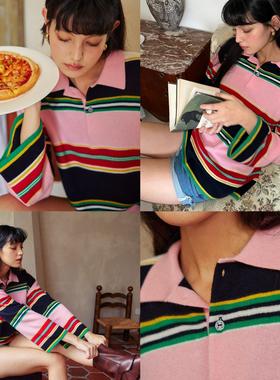 Bettychow 纯羊毛粉色条纹小方领毛衣秋季时髦通勤多巴胺彩色上衣