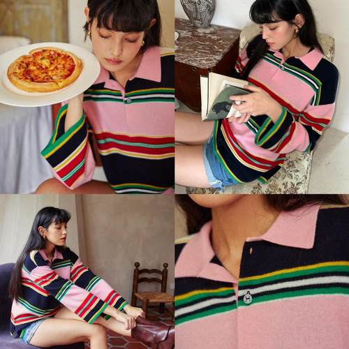 纯羊毛粉色条纹小方领毛衣