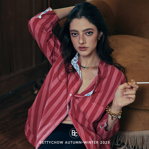 梅丁款手工扎染红条纹纯棉衬衫