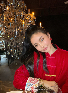 Bettychow 一年一会 花开富贵真丝刺绣牡丹 红色丝绒中式棉服过年