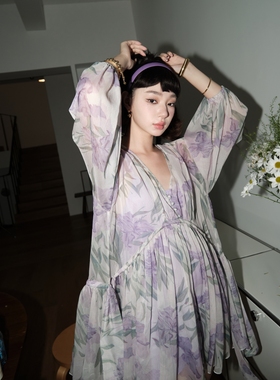 Bettychow 娃娃款紫色鸢尾花水彩画连衣裙夏季气质轻国风个性中裙