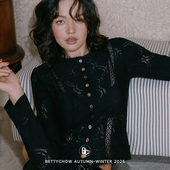 弹力蕾丝镂空开衫 黑色法式 休闲风长袖 Bettychow 圆领性感针织衫