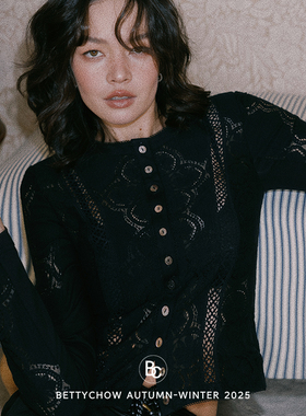 Bettychow 弹力蕾丝镂空开衫黑色法式休闲风长袖圆领性感针织衫