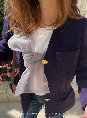 Bettychow 淡紫色蝴蝶结白色棉质圆领T恤夏季个性设计时髦上衣