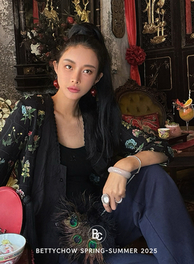Bettychow Betty私服！刺绣花朵水洗棉中式老钱高端黑色开衫