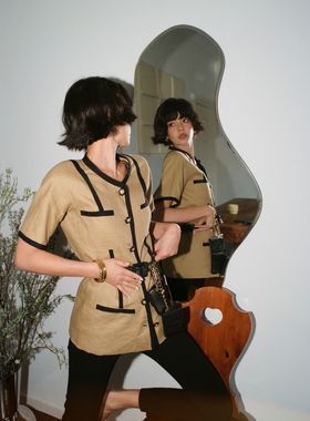 Bettychow中古小香亚麻上衣半裙驼色白色纯色复古时髦通勤套装