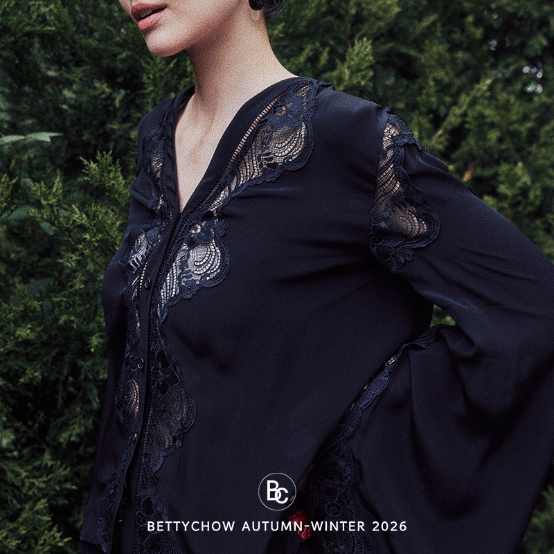 Bettychow 黑色蕾丝衬衫宫廷袖V领纽扣休闲气质宽松上衣