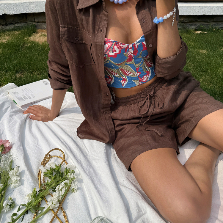 法国苎麻衬衫短裤棕色米驼纯色