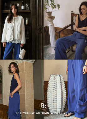 Bettychow 砂洗彩蓝色土耳其棉大口袋工装裤美式时髦宽松直筒裤
