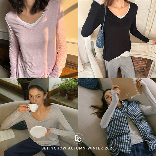 Bettychow 软糯棉质针织打底衫慵懒感秋冬百搭圆领纯棉长袖上衣