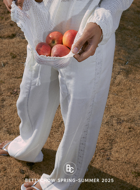 Bettychow 自然白色褶皱蕾丝亚麻极简长裤镂空宽松高腰度假休闲裤