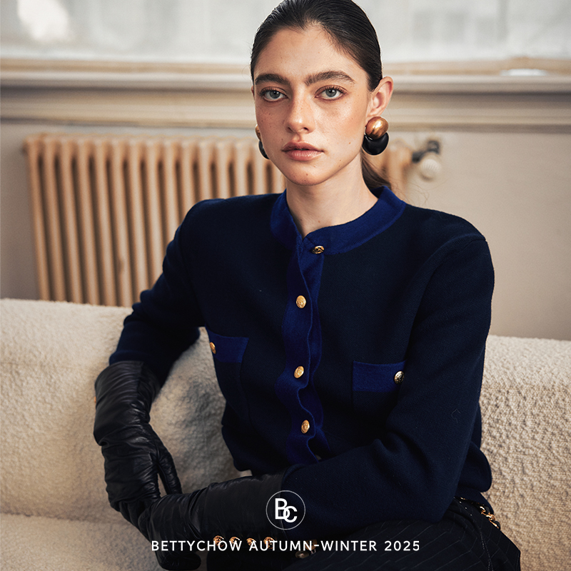 羊毛鎏金扣小香风古董蓝色系开衫