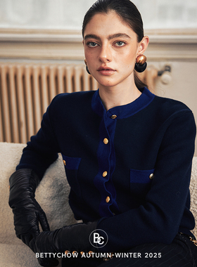 Bettychow 羊毛鎏金扣小香风古董蓝色系羊毛开衫气质优雅毛针织衫