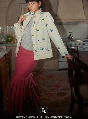 Bettychow 花朵刺绣白色棉质薄棉服秋冬保暖气质小众设计衬衫外套