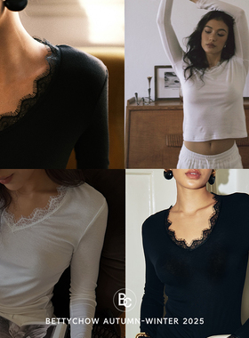 Bettychow 天丝羊毛蕾丝边V领长袖打底衫新款优雅拼接花边针织衫