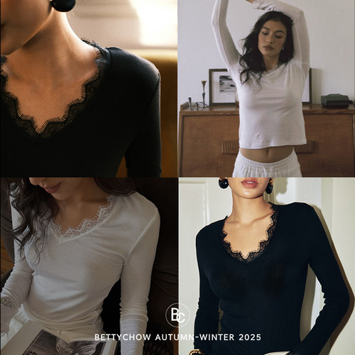 天丝羊毛蕾丝边V领长袖打底衫