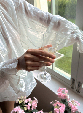 Bettychow 苎麻宽松刺绣衬衫白色法式时髦度假轻透仙气泡泡袖上衣