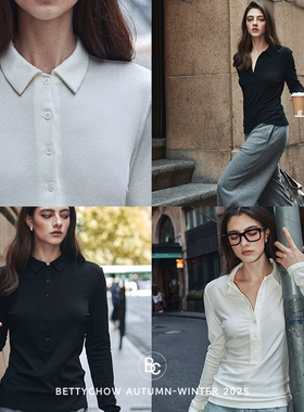 Bettychow 阿拉善山羊绒翻领纽扣毛衣打底衫2色休闲纯色毛针织衫