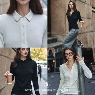 Bettychow 阿拉善山羊绒翻领纽扣毛衣打底衫2色休闲纯色毛针织衫