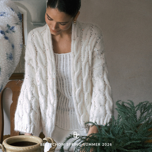 Bettychow 乳白色亮片羊驼毛混纺镂空开衫慵懒宽松休闲毛衣
