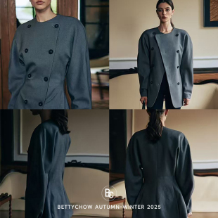 秀款 收腰廓形麻灰色双排扣羊毛西装 复古西服 弧形袖 Bettychow