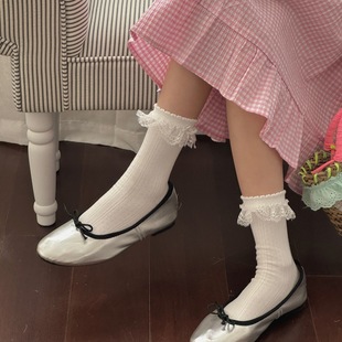 甜美蝴蝶结中筒袜花边蕾丝芭蕾风白袜子女无骨堆堆袜 IOULOR春夏季
