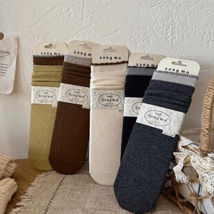 桑蚕丝加厚保暖花边羊毛袜子女中筒袜复古韩系秋冬撞色羊绒堆堆袜