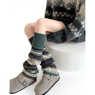 秋冬复古民族风加厚羊毛堆堆袜套撞色保暖叠穿波西米亚风及膝腿套