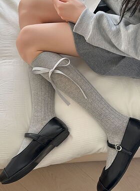 春夏薄款百搭纯色jk小腿袜女蝴蝶结灰色堆堆袜甜美芭蕾风长筒袜