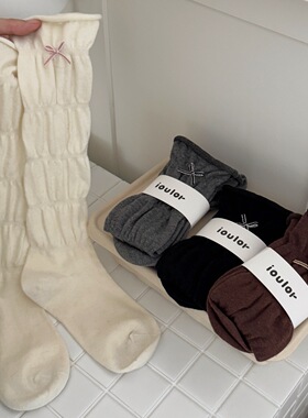 IOULOR秋冬保暖蚕丝羊毛袜子女小腿袜芭蕾风蝴蝶结泡泡长筒堆堆袜