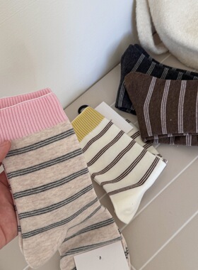 IOULOR春秋ins风韩系撞色条纹袜子女中筒袜日系学院风无骨堆堆袜