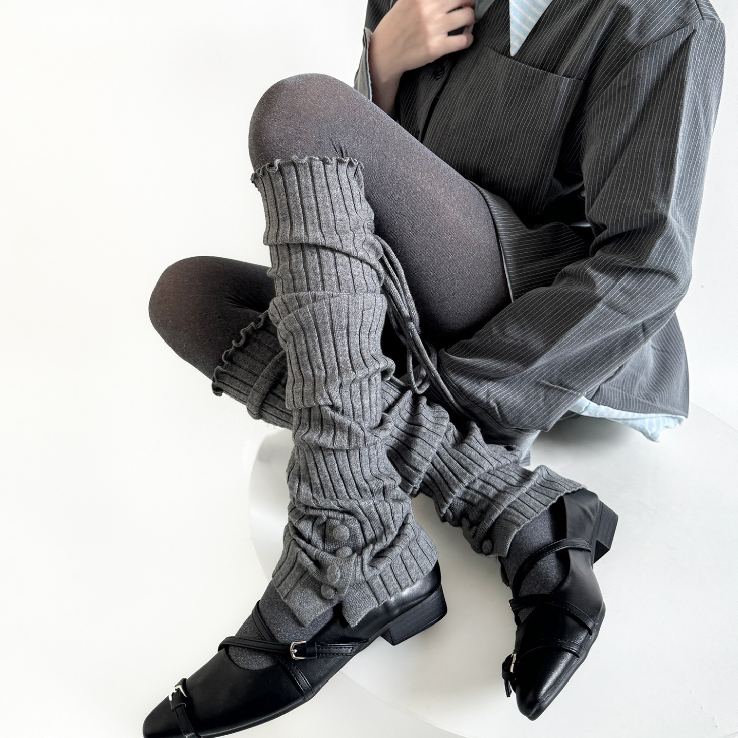 秋冬走秀款纽扣灰色百搭堆堆袜套