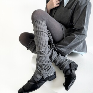秋冬季 绑带袜套女灰色百搭显瘦腿套宽条灰色堆堆小腿袜 纽扣走秀款
