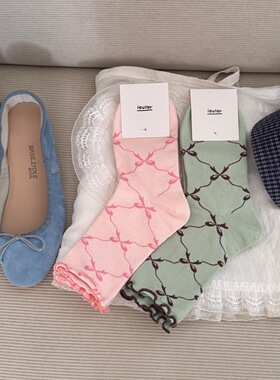 IOULOR日系卷边芭蕾风蝴蝶结袜子女中筒袜春夏季外穿潮无骨堆堆袜