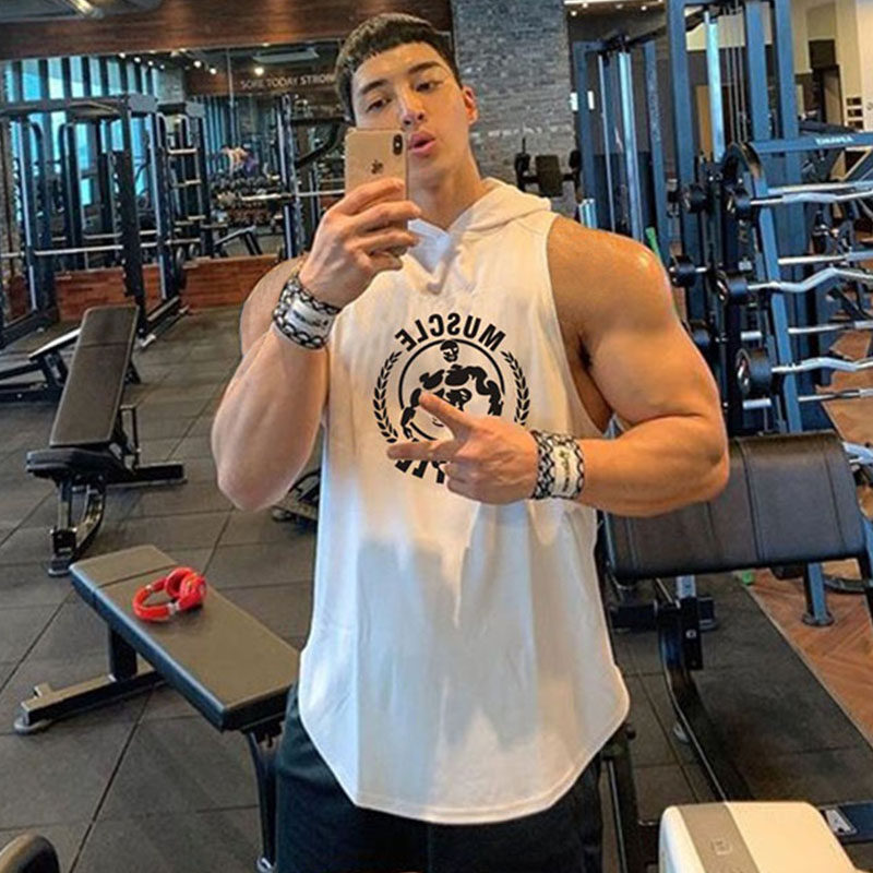 肌肉袋鼠健身房男训练服锻炼健美宽松运动无袖连帽坎肩白色背心