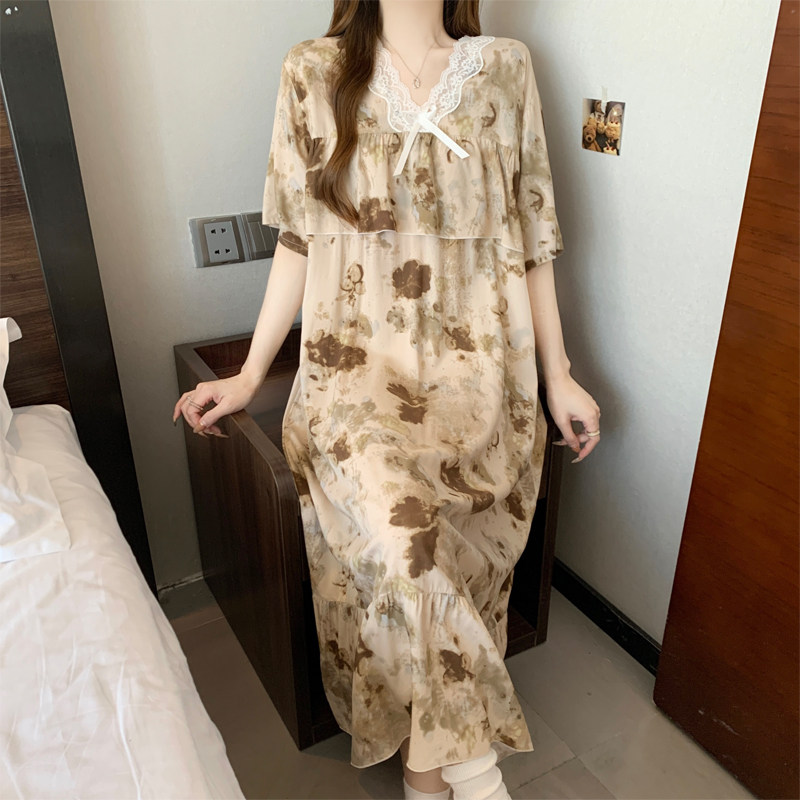 棉绸短袖连衣裙可外穿女士夏天薄款慵懒休闲绵绸家居服睡衣可外穿
