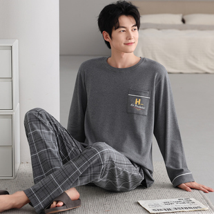 春秋季 6XL宽松可外穿男式 长袖 超大码 家居服 长裤 100%纯棉睡衣男士