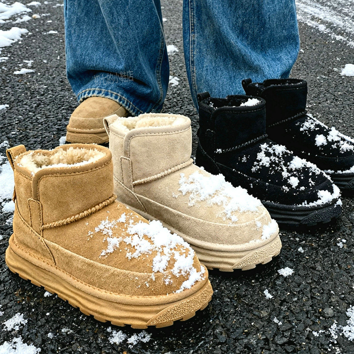 雪地靴男鞋子加绒高帮棉鞋一脚蹬厚底中帮短筒面包鞋加厚棉靴冬季