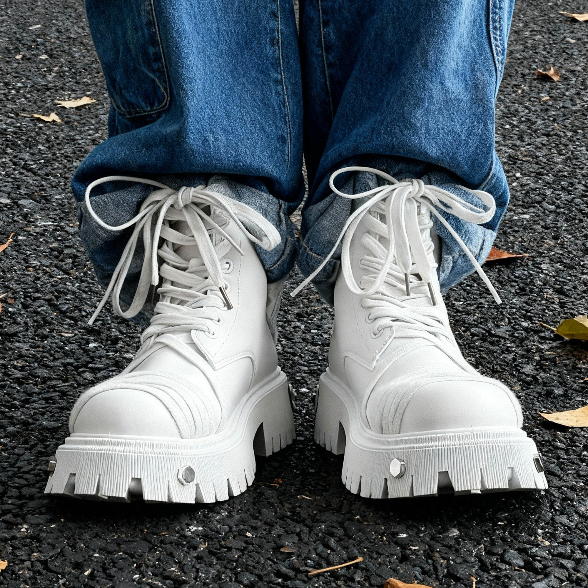 马丁靴男鞋高帮小众绑带高级感纯白增高全白色美式潮靴痞帅机车靴