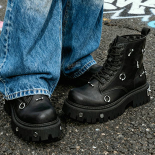 马丁靴男款黑色潮靴高帮金属朋克风痞帅高级感增高时尚美式机车靴